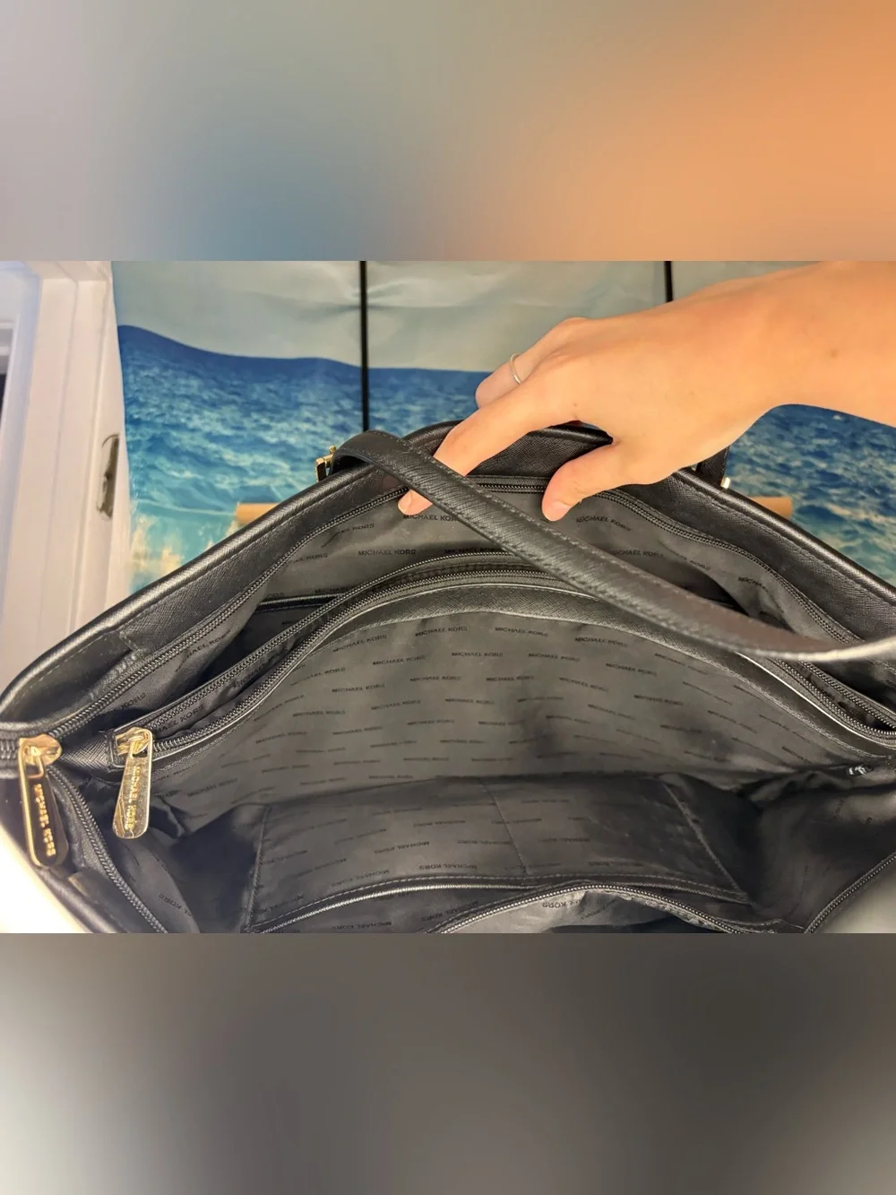 Michael Kors Black Leather Tote with Logo Charm and Gold Accents